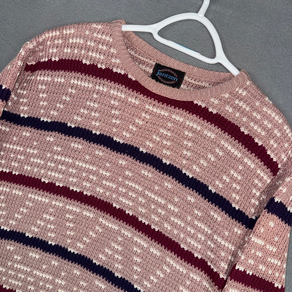 Jantzen Sweater Mens Medium Pink Striped Vintage 90s Combed Cotton Crewneck USA